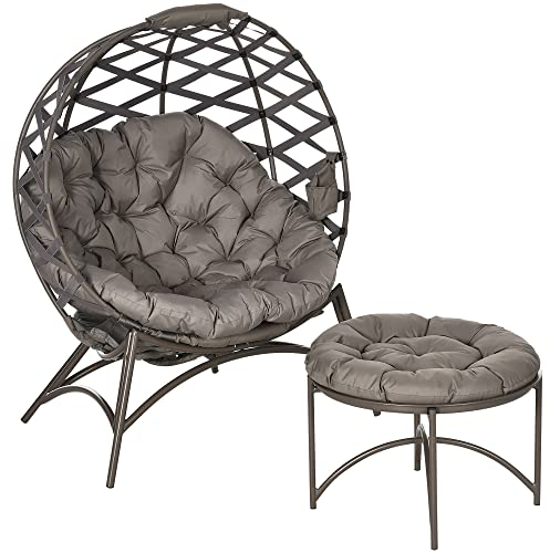Outsunny 2tlg. Gartenstuhl-Set, Korbstuhl mit Faltbarem Sitzkorb, inkl. 2-in-1-Hocker, Kissen, Loungesessel füt Balkon, Terrasse, Stahl, Sand, 118 x 75 x 142 cm