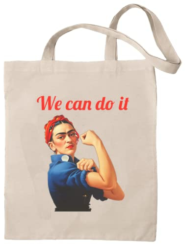 rainUP: Frida We Can Do It. Tasche aus 100 % natürlicher Baumwolle, wiederverwendbar und robust, für Damen, zum Einkaufen, Strand, für den täglichen Gebrauch, einzigartige Designs, beige