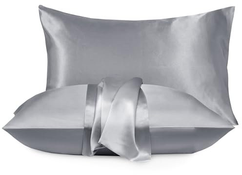 Moonlight Bedding Satin Grey Cooling Pillow Cases 2 Pack -Soft as Silk Pillowcases for Hair and Skin with Envelope Closure Standard Size Silky Pillow Covers (50x75cm)