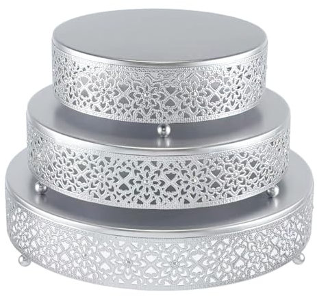 FEICTPOX Cake Stand Set of 3 Metal Cupcake Stands Dessert Display Plate for Wedding Party Birthday (3 Pcs, Matte Silver)