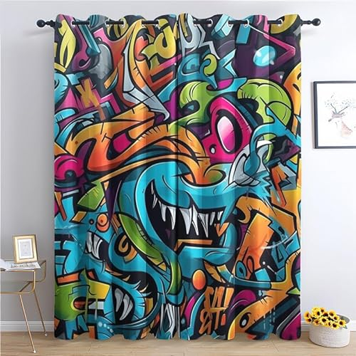 QEODAH Vorhänge Graffiti Gardinen mit Ösen, Vorhang Blickdicht, Verdunklungsvorhänge, Fensterdekoration, Schlafzimmer Wohnzimmer & Kinderzimmer Deko, Blackout Curtain 2er Set H 200 x B 140 cm