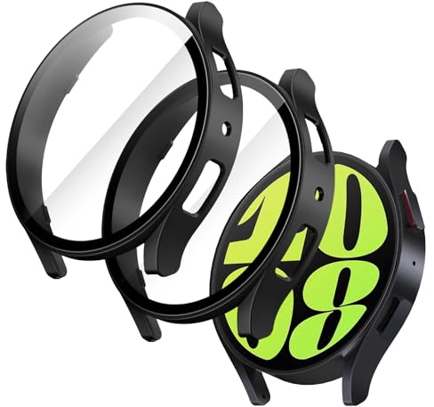 JETech Hülle mit Schutzfolie Kompatibel mit Samsung Galaxy Watch 6 44mm, Gesamt Schutzhülle, Eingebaut Gehärteter Glas Displayschutz Hohe Empfindlichkeit, 2 Stück (Schwarz)