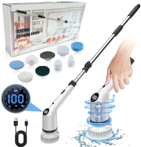 Cepillo de Limpieza Electrico, Cepillo de Limpieza Inalámbrico con 9 Cabezas de Cepillo, 3 velocidades Ajuste, Kit de Limpieza automático para bañera de baño, Cocina, Ventana, bañera, Fregadero