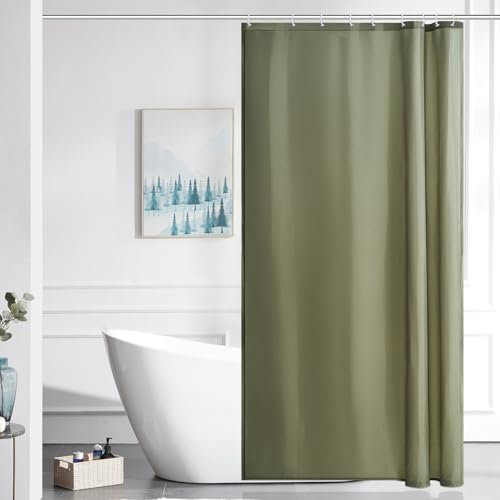 Furlinic Petit Rideau de Douche Anti Moisissure Tissu en Polyester Imperméable Rideaux de Douche Textile Lavable pour Baignoire ou la Salle de Bain 6 Crochets de Rideau Douche-Vert Sauge,100x200cm.