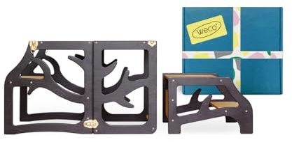 WECO 3-in-1 Kinder Lernturm mit Tisch & Tritthocker, Faltbarer Montessori Küchenhelfer aus Birkenholz, Sicherer Lernturm für Kinder mit Sicherheitsverschluss, 88 cm (Schwarz)