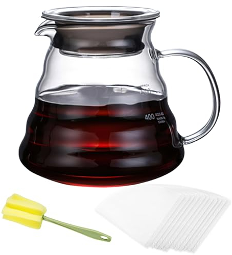 ZIGefofo Teiera Caffettiera in Vetro 600ml con 100 Fogli V01 Filtro di Carta e Spazzola in Spugna Bollitore per il Caffè Trasparente con Coperchio per il Campeggio del Ristorante Bar di Casa