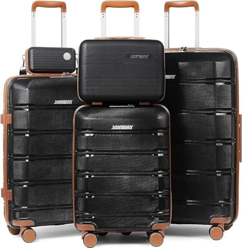 Joyway Kofferset 5tlg Hartschale mit 4 Rollen und TSA-Schloss Der Gepäcksets Enthält 1 Kosmetikkoffer und 1 Tragbare Tasche Schwarz/Braun