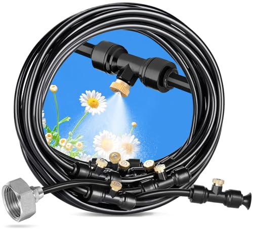 TivsiVer Sistema de Enfriamiento por Nebulización 18M de Línea de Niebla + 20 Boquillas de niebla de Latón + un Conector de Latón (3/4 Pulgadas) Sistema de Mister Exterior para Riego de Jardín