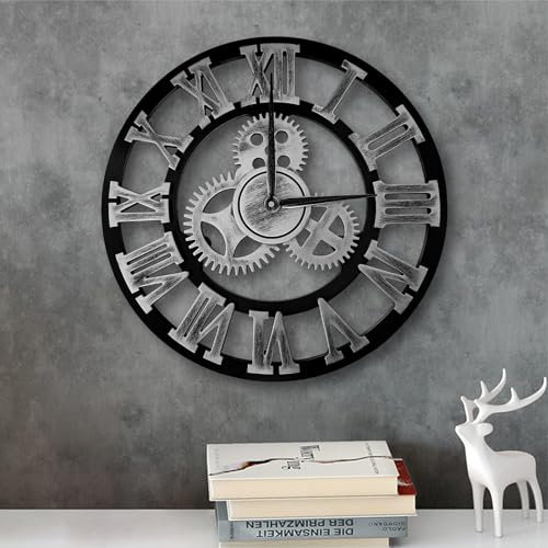 ALEENFOON Uhr Leise Wanduhren, 3D Gear Vintage Industrial Silent Nicht tickend Arabische Ziffern hängende Uhr für Wohnzimmer Küche Ohne Tickgeräusche Innenuhr (Silber Roman Numerals, 40CM)
