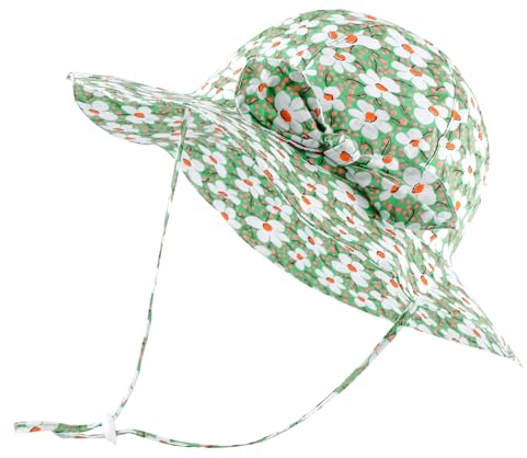 LACOFIA Baby Mädchen Sonnenhut UPF 50+ UV Schutz Kleinkind Sommer Baumwolle Mütze Strandhut Visierkappe mit Verstellbarem Kinnriemen Grüne Blumen 2-5 Jahre