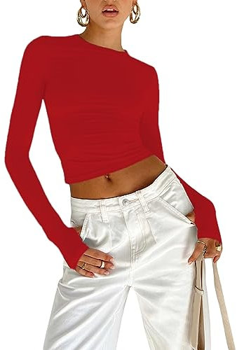 OYIGELZ Long Sleeve Tops Women's Basic T-Shirt Long Sleeves Crop Top Y2K Slim Fit Casual Round Neck Tee Shirt Streetwear(Red-b,XL)