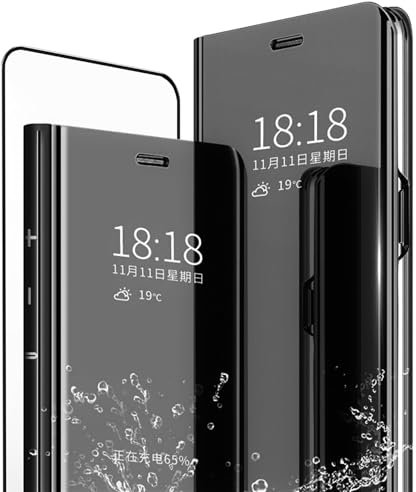 MLOTECH Hülle für Xiaomi 13T/13T Pro(6.67) Handyhülle und Gehärtetes Glas schutzfolie Flip Transluzent View Miroir Cover Anti-Schock Spiegel Standfunktion Schutzhülle Schwarz