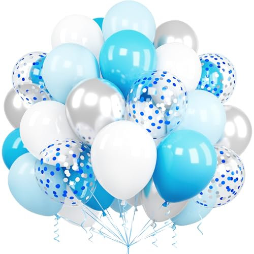 Luftballons Blau Silber, Ousuga 60 Stück 12 Zoll Hellblau Pastell Blau Weiß Metallic Silber Blau Konfetti Latex Ballons Set für Jungen Männer Geburtstag Hochzeit Babyparty Abschluss Party Dekoration