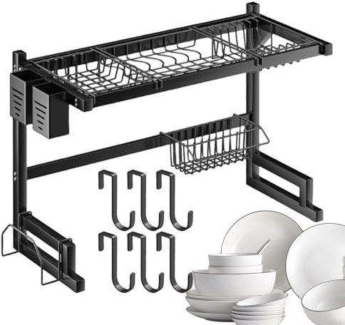 Dish Drainer - Over the Sink Dish Rack Clothes Airer with 2 Levels | Automatic Stainless Steel Drain with Utensil Holders, Chopping Board, Cutlery, , Kitchen Counter, Storage