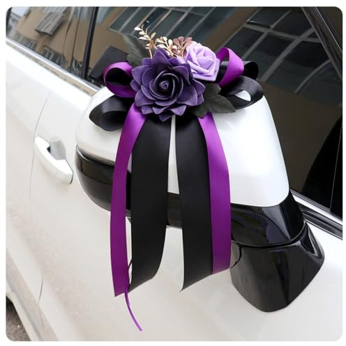 4 Stück Autoschleifen Seidenblume Hochzeit Simulation Rose Schleife band Autoschmuck Türgriffleiste Rückspiegel Hochzeit Stuhl Zurück für Hochzeitsfeier Kirche Hochzeitsauto Hochzeit Party Lila
