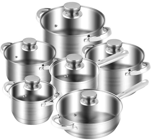 RIOVARM Aceros inoxidables Juego de ollas y sartenes con Tapas, Inducción Antiadherente Batería de cocina sin PFOA, Juego Esencial de Cocina, Apto para hornos, Olla Sartén Casserole