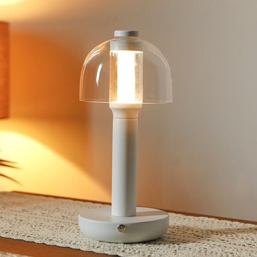 JHY DESIGN Nachttischlampe 30cm hoch 3-Farben Licht dimmbar mit Glasschirm Touch Control Tischlampe für Schlafzimmer Wohnzimmer drinnen draußen(Weiß,Typ-C Aufladung)