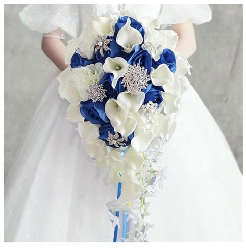LJQZFWXX Hochzeitsstrauß, Brautstrauß, 25,9 cm künstlicher weißer Calla-Lilien-Brautstrauß mit Kristallornamenten, kaskadenförmiger Strauß für kirchliche Hochzeiten (rot) (blau)