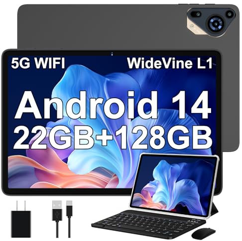 Tablet 10 Pollici Android 14 con 22 GB RAM + 128 GB ROM(Espandibile Fino a 1 TB), Widevine L1, 8000mAh, Octa-Core 2.0 GHz, 5G Wi-Fi, GPS, USB-C, HD Tablet con Tastiera + Mouse + Custodia, Grigio