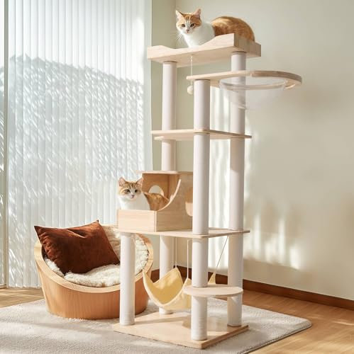 Veehoo Wooden Cat Tree, 162cm Multi-Level Modern Cat Climbing Tower Sturdy Cat Scratching Post Activity Center with Top Perch Space Capsule Hammock Natural Sisal Posts for Indoor Large Cats Kitten