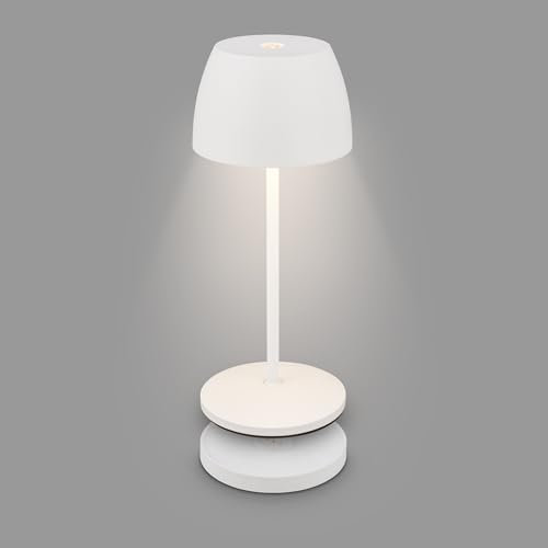 BRILONER - Mini LED Tischleuchte kabellos IP44 mit Ladestation, stufenlos dimmbar, Akku & Lichtquelle tauschbar, Nachttischlampe, LED Lampe, Akku Tischleuchte, Restaurant, 8x20,5 cm (DxH), Weiß