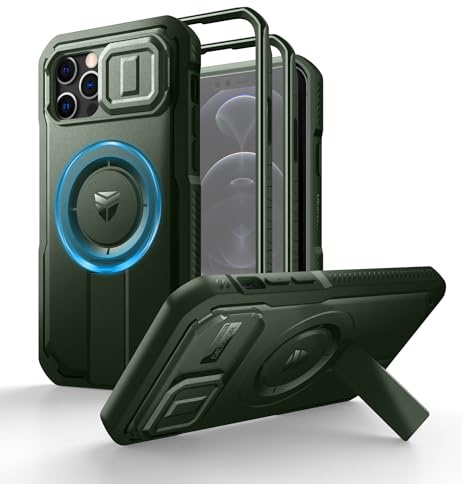 Dexnor Kompatibel mit iPhone 12/12 Pro Hülle mit Kameraabdeckung Schieben & Einstellbarer Kickstand & Integrierter Displayschutz, Robuste stoßfeste Bumper Heavy Duty Mangetic Schutzhülle - Green
