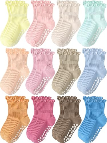 Aroveea Medias Antideslizantes para Bebés y Niñas Pequeñas, con Volantes y Sujeción, Algodón, 12 Pares, 1-3 Años