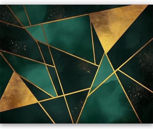 Papier peint intissé Motif géométrique triangle Muraux 200 x 140 cm Tapisserie Photo Décoration Murale Salon Chambre Vert et or