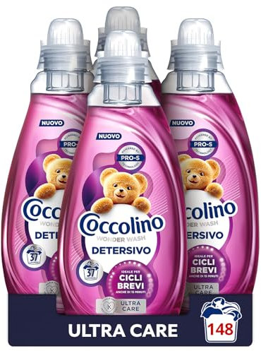Coccolino Wonder Wash, Detersivo Lavatrice Liquido, Ultra Care, Efficace nei Cicli Brevi da 15 Minuti, Anche a Freddo, Protegge il Colore dei tuoi Capi, Pulizia Profonda, 37 Lavaggi, 4 Pezzi da 1480ml
