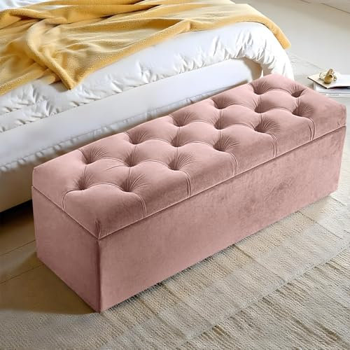 Harveys Living Chesterfield Ottoman Storage Box - Fabric Button Style Engineered Wood Luxurious Plush Velvet Ottoman Storage Bench - (Pink, No Legs)