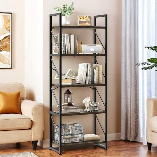 YITAHOME Bookshelf, 5 Tiers Bookcase Tall Book shelf with Metal Frame, Industrial Display Storage Rack, Shelving Units for Living Room Bedroom Home Office Kitchen, Grey Book Shelves