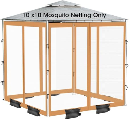 Zanzariera per esterni con cerniera a 2 vie, 4 porte, zanzariera per gazebo 10 x 10 per giardino/patio/padiglione, rete di ricambio per gazebo con 8 sacchi di sabbia, 52 ganci, 12 corde (solo