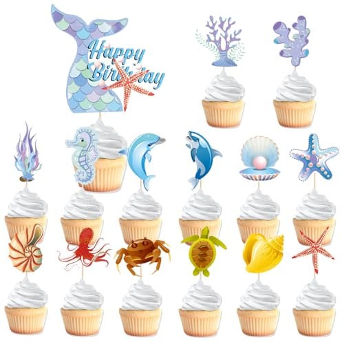 VARACL Lot de 29 décorations de cupcakes en forme d'animaux de l'océan pour garçons, enfants, fête prénatale, fête d'anniversaire sous la mer
