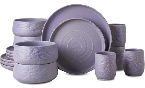 WLIHDB Dinner Sets 16-Piece Stoneware Dinnerware Set, Plates And Bowls Set, Dishware Set For 4, Purple Ceramic Tableware Sets For Dinner