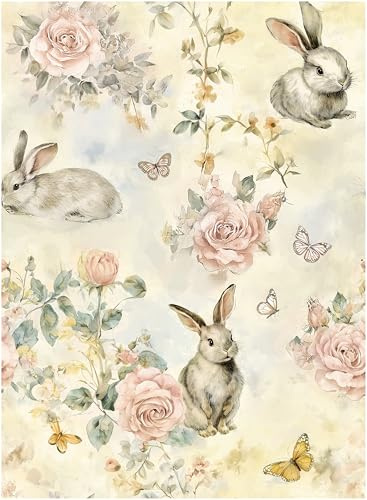 Theper Yellow Pink Floral Wallpaper Peel and Stick Wallpaper 17.3×78.8 | Rabbit Butterfly Vintage Wall Paper Self Adhesive Removable Contact Paper Animal Waterproof Bunny Wallpapers for Bedroom