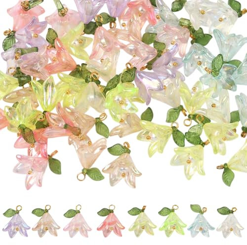 SUNNYCLUE 1 Box 48Pcs 8 Colors Lily Flower Charms Floral Acrylic Charm with Natural Shell Pearl Plastic Lily of The Valley Flower Pendants for Jewellery Making Supplies DIY Earring Bracelet Adults