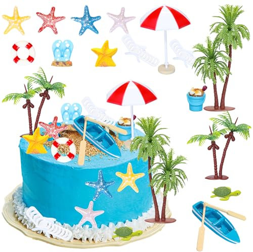 Gyufise 15 Pack Summer Beach Theme Cake Topper Decoration Umbrella Chair Palm Tree Cake Pick Hawaiian Beach Cake Decorations for Baby Shower Birthday Wedding Party DIY Cake Supplies Blue Red