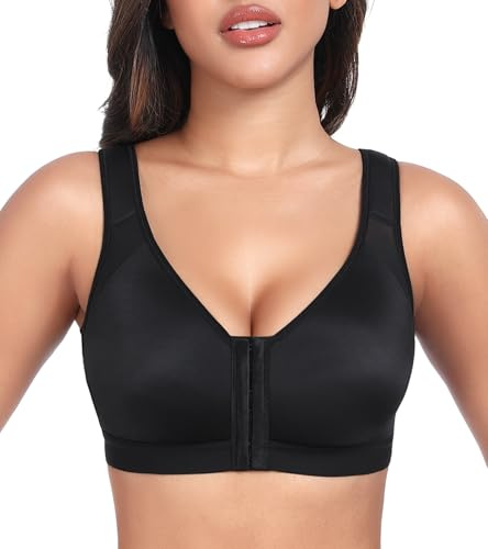 Lemorosy Damen BH Ohne Bügel Vorne Verschluss Rückenstütze Racerback Große Größen Starker Halt Vollschalen Ungepolstert Bügelloser Klassischer Bralette für Alltag Sport Postoperativer (Schwarz,90C)