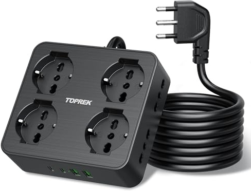 TOPREK Ciabatta Multipresa Elettrica con 8 Prese e 2 Metri, 1 Interruttore | 2 USB C(20W PD3.0 Ricarica Rapida) e 2 USB A, Prolunga Elettrica, Universali ITA 10/16A e Schuko, 4000W/16A Spina Gomito 90°