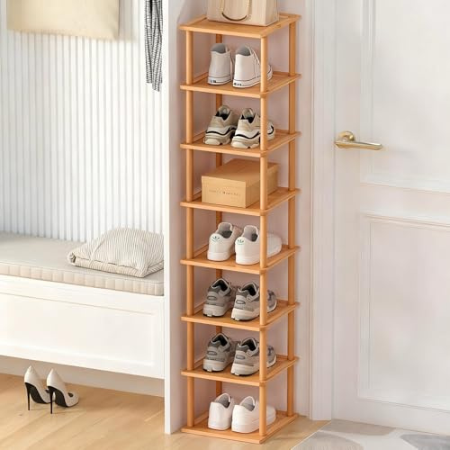 Aniston Schuhregal aus Bambus mit 8 Etagen, freistehend, schmal, schmal, vertikal, hoch, Schuhregal, Organizer für Garage, Schrank, Tür, Ecke, Wohnzimmer, kleine Räume (8 Tier)