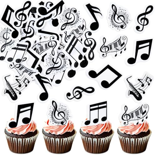 Blumomon 48 Stück Essbare Schwarze Musiknoten Cupcake Toppers Musik Melodie Symbol Kuchen Dekoration Abend Kuchen Dekoration Musik Party Dekoration Musikliebhaber Cupcake Topper