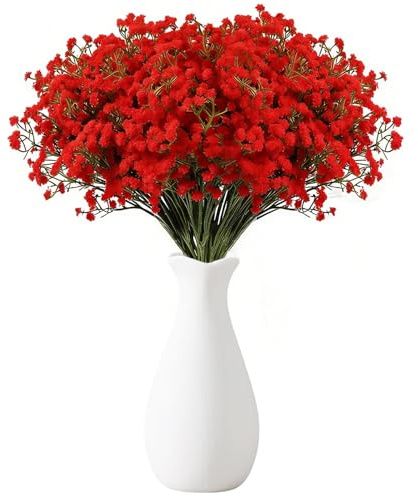 Touosy 18 Pezzi Fiori Artificiali Gypsophila Fiori Finti da Interno Decorazioni Casa con Bottiglia per Feste di Matrimonio Ghirlande Fai da te Composizioni Floreali (Rosso)