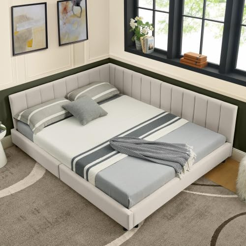 kozamas Polsterbett 160x200 cm mit hoher Lehne & Samtbezug | Großes Eckbett für Paare & Familien | Eukalyptus & Metall Gestell | Beige | Ohne Matratze