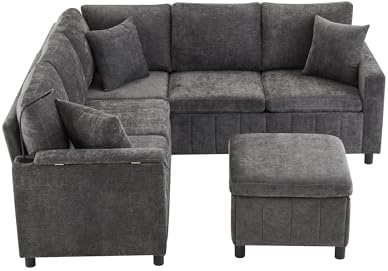 LANSEISTENJI L-förmiges Schlafsofa – Chenille, ausziehbare Liegefläche, Ottomane mit Stauraum (Grau)