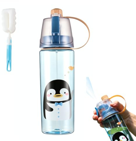 Mtbricey 600ml Spray Water Bottle with Cup Brush 2-in-1 Cute Leakproof Misting Sports Drinking Bottles for Kids Adults Portable Outdoor Cooling Bottle for Cycling Running Hiking (Style A)