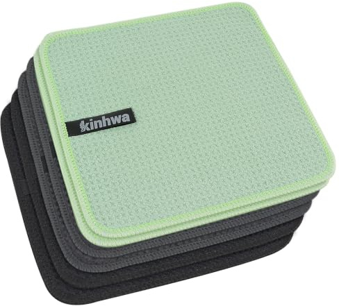 KinHwa Spültücher shwarz+grau+grün Spüllappen waschbar Spültuch 20x20cm | Mikrofaser Putzlappen , Barista tuch, fusselfrei streifenfrei, stark saugfähig, schnell trocknend, küchenlappen 6 Stück
