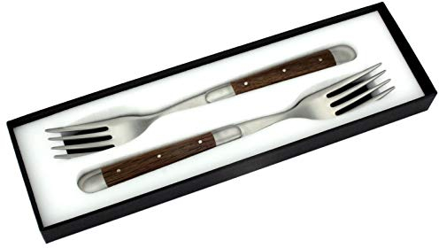 Forge de Laguiole – Lot de 2 fourchettes – Poignée fossiles Chêne – Fourchettes à steak France – Acier mat