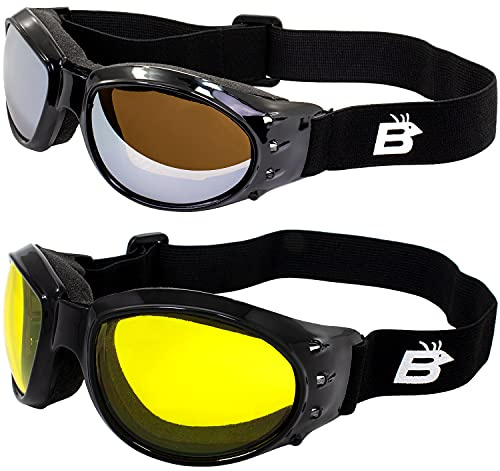 Birdz Eyewear Eagle Red Baron style Motorcycle Padded Airsoft Goggles 2 Pairs Black Frame with Yellow & Driving Mirror Lens for Day & Night riding comfort Perfect Googles For Any Weather Condition