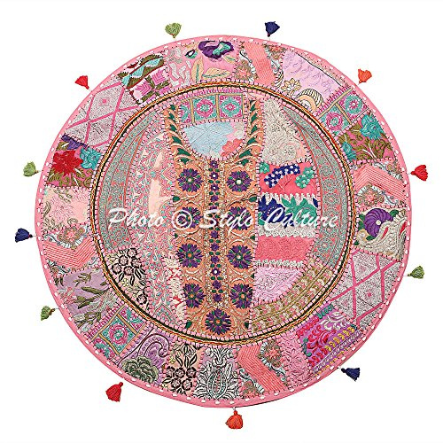 Stylo Culture Indien Dekorativ Rund Bodensitzkissen 80 x 80 cm Groß Bodenkissenbezug Boho Vintage Baby Pink Bohemien Patchwork Sitzsack Sitzkissen Baumwolle Bestickt Bodenkissen Kinder