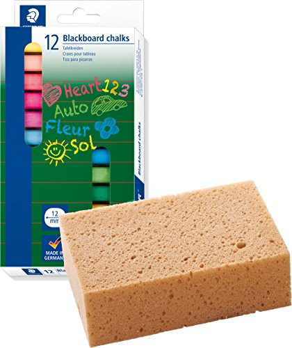 STAEDTLER Wandtafelkreide, hervorragende Farbabgabe, staubfrei, leicht abwischbar, Kartonetui mit 12 farblich sortierten Tafelkreiden, 2360 (Farbig, Kreiden + Tafelschwamm)